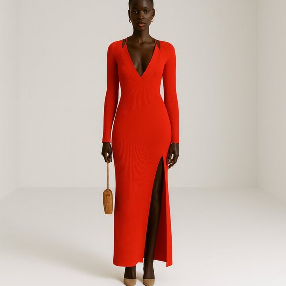 NICHOLAS Dresses & Skirts - Nicholas Althea Red Rib Knit Halter Long Sleeve Slit Maxi Dress XS NWOT